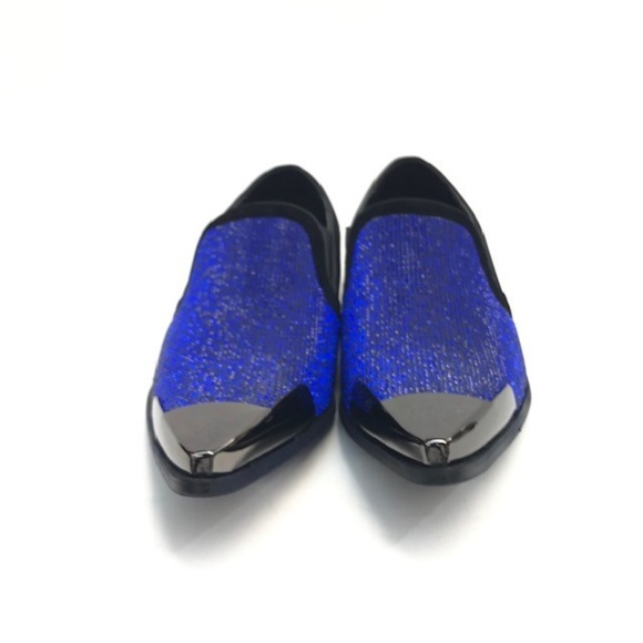 Bolano Men's Black Royal Blue Loafers Slip On Rhinestone Metal Toe Size 9.5 - Picture 2 of 6